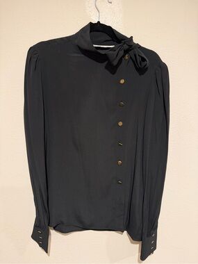 Zara Black Long-Sleeve Bow Neck Blouse with Gold Buttons limited edition